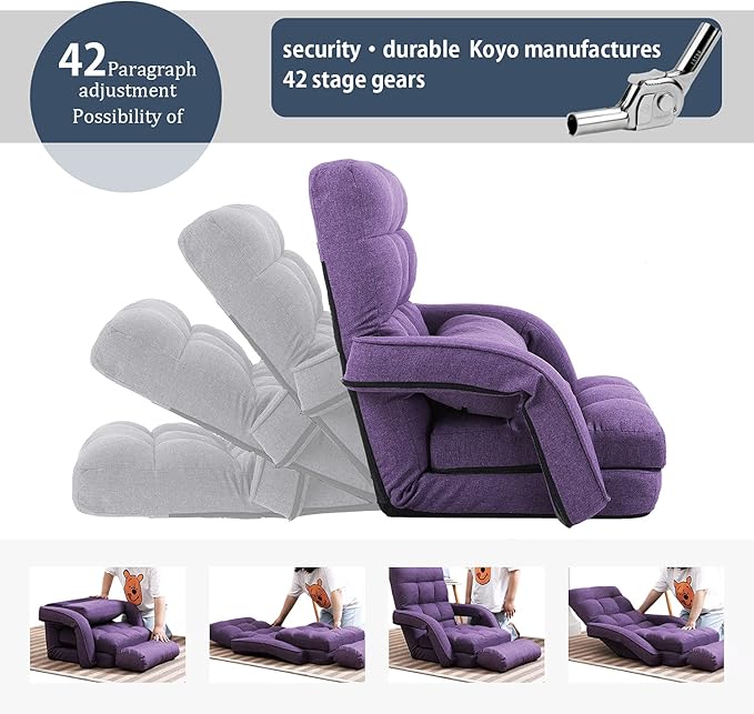 FLOGUOR Floor Chair, Chaise Lounge Indoor, 14-Position Adjustable Folding Lazy Sofa with Armrests and a Pillow Padded Gaming Chairs for Living Room, Bedroom Factory Price (Purple) 8803PU