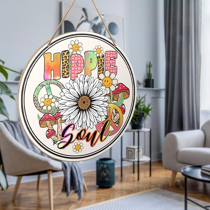 Hippie Peace Sign Wall Decor, Hippie Peace Sign for Front Door Home Living Room Bedroom, Peace and Love Sign, Boho Hippie Peace Round Wood Hanging Signs Decorations, Hipple Soul