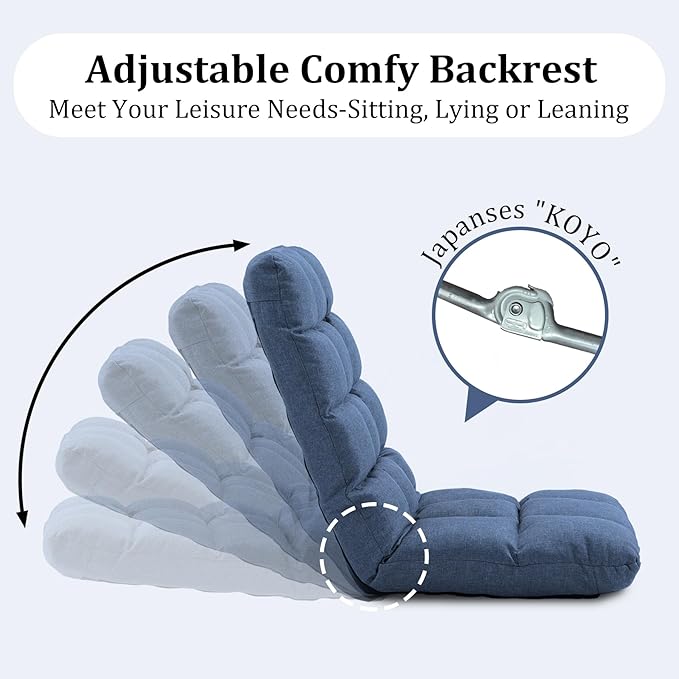Folding Floor Chair with Back Support, 14 Adjustable Positions, Breathable Padded Sleeper Bed, Couch Recliner, Gaming Sofa Chair for Adults & Kids, Perfect for Meditating, Reading, Living Room (Blue