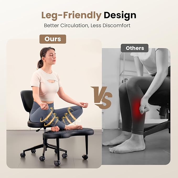 Cross Legged Office Chair, Ergonomic Criss Cross Design, Wide Comfy Desk Seat, ADHD Meditation Chair with Wheels, Adjustable Height Kneeling Chair with Back Support
