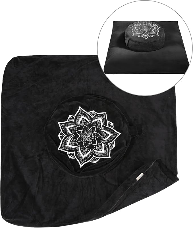 Meditation Zafu Cushion Set with Buckwheat Hulls & Memory Foam - Ergonomic Support for Yoga & Sitting - Removable Machine-Washable Luxury Velvet Cover - for Adults and Kids (Black(COVER ONLY))