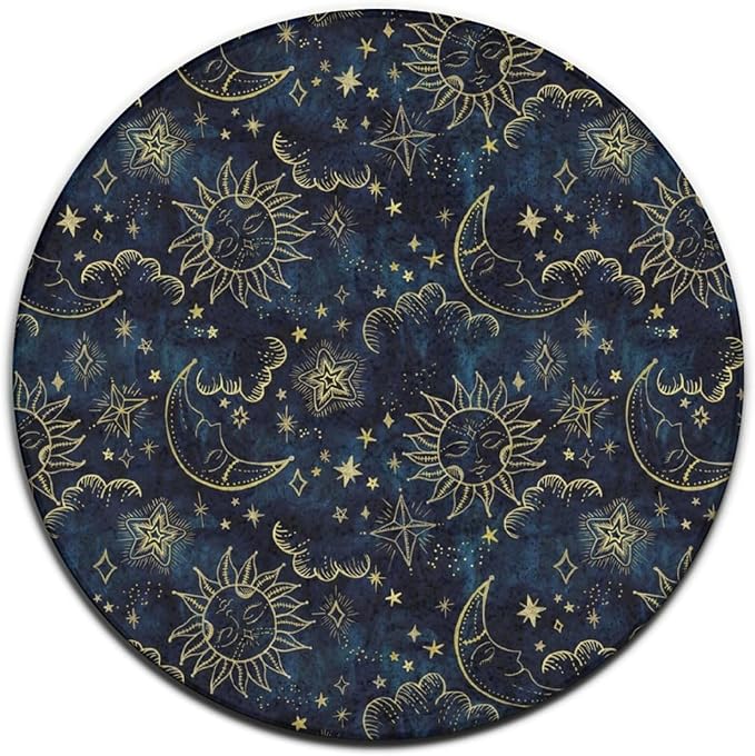 Large Machine Washable Circular Rugs, Home Decor Round Mat for Living Room Sofa Office Compatible with Sun Moon Boho Astrology