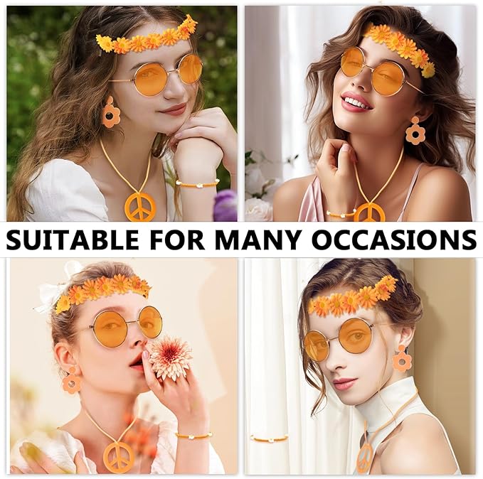 Hippie Costume Accessories Set Peace Sign Necklace Sunglasses Flower Headband Earrings for 60s 70s Outfit Party Women