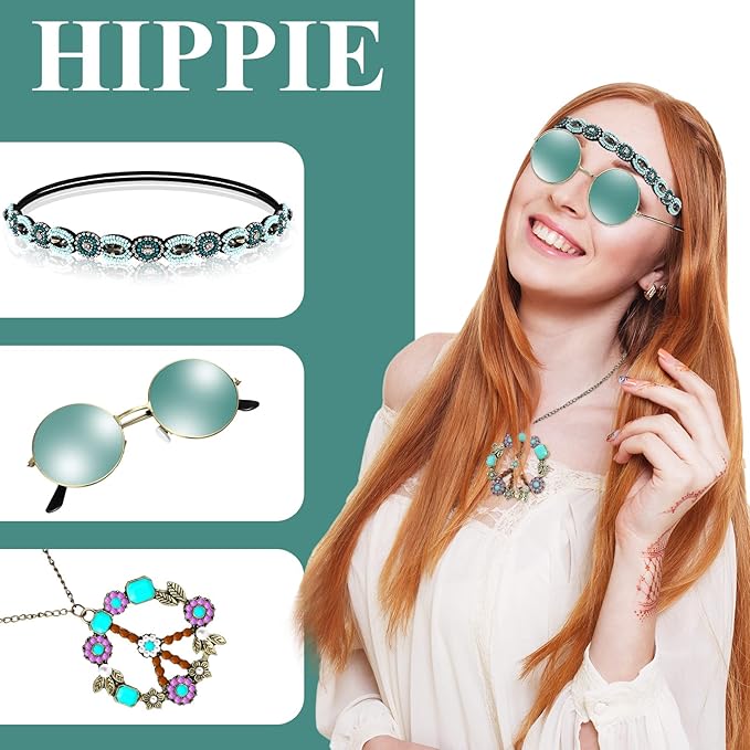 WILLBOND 60s 70s Accessories for Women Hippie Costume Accessories Peace Sign Necklace Headband Hair Wreath Sunglasses