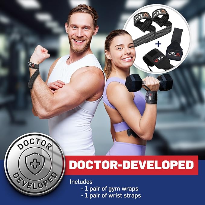 Dr. Arthritis Gym Wrist Wraps & Wrist Straps for Weightlifting Bundle (2 Pairs), Heavy-Duty Workout Straps Support for Everyday Training & Injury Recovery, Lifting Accessories for Men & Women (Black)
