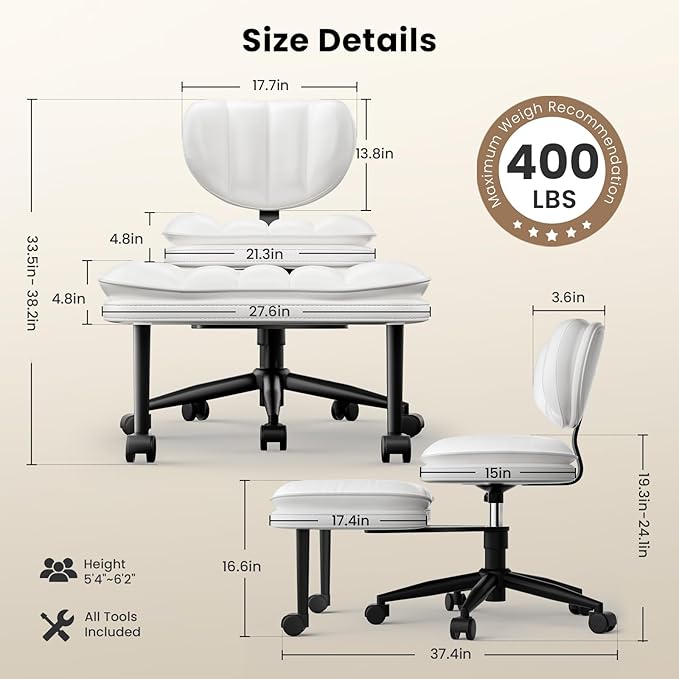Cross Legged Office Chair, Ergonomic Cloud Criss Cross Desk Chair, Meditation Chair with Wheels, Height Adjustable Seat for ADHD, Wide Kneeling Chair with Back Support, White