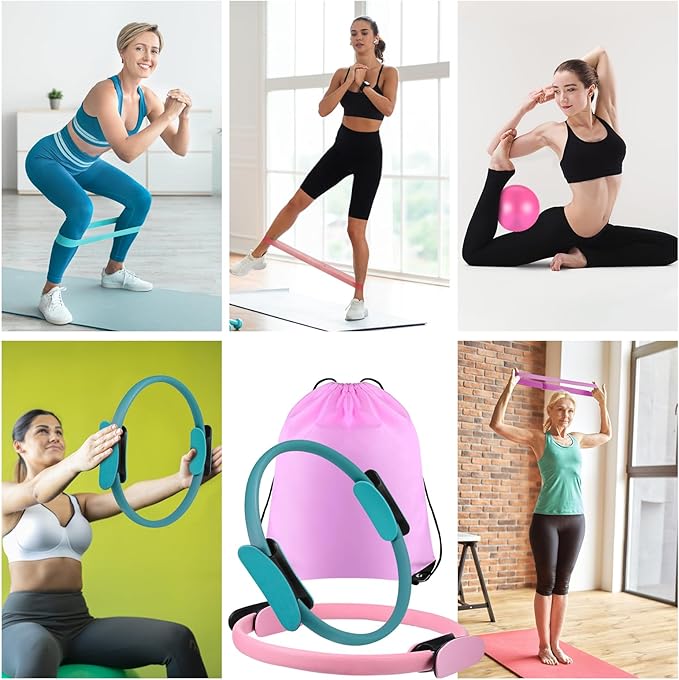 21 Pcs Pilates Ring Circle Set Home Pilates Equipment Kit for Women Pilates Equipment Home Workout Equipment Set Includes 9.8 In Ball Yoga Ring Stretching Strap 8 Resistance Bands Non Slip Socks, Pink