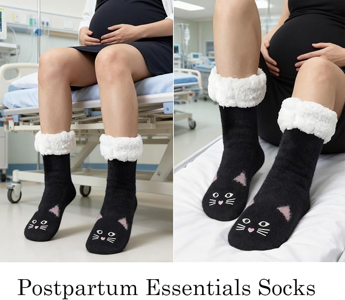 JaosWish Cat Fuzzy Socks Womens Pilates,Postpartum Essentials Non Slip Grip Slippers Hospital Socks for Labor Delivery