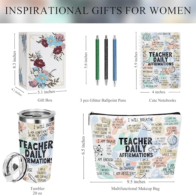 Inspirational Teacher Appreciation Gifts, Daily Affirmations Mental Health Teacher Gifts for Women Counselor Coworker Graduation Birthday Christmas, 20oz Tumbler Makeup Bag Ballpoint Pen Notebook 6PCS