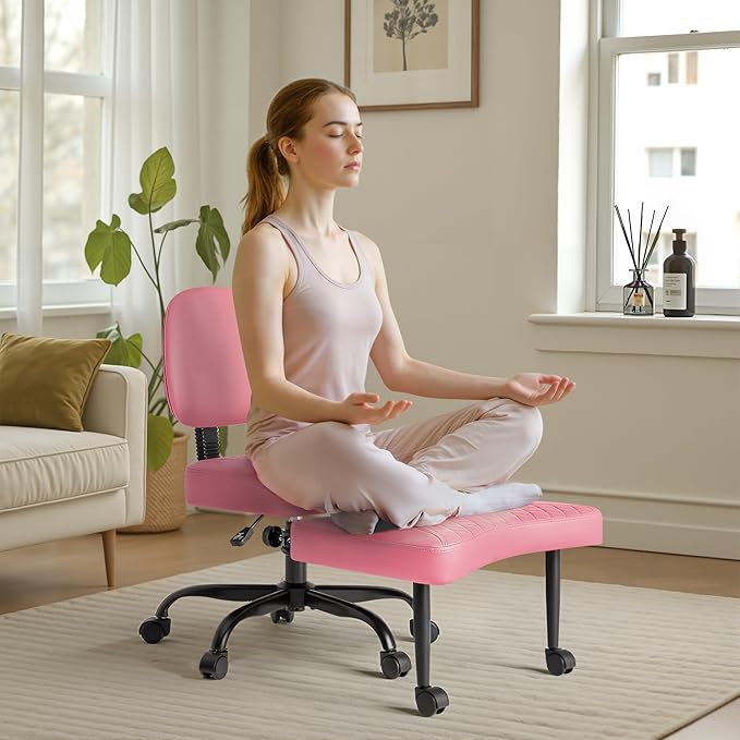 Furmax Ergonomic Criss Cross Legged Office Chair with Wheels, 360°Swivel Adjustable Height Kneeling Desk Chair with Footrest for ADHD, Yoga, Meditation, Home Office (Leather, Pink)