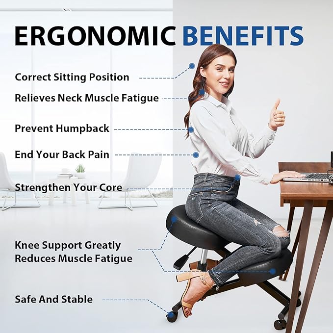 Ergonomic Kneeling Chair, Meditation Chair with Height Adjustable and Cushion for Home and Office, Posture Office Stool with an Angled Seat and Casters