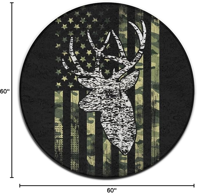 Large Home Decor Mat, Soft Round Yoga Carpet, Non-Slip Machine Washable Kitchen Office Circle Rug Compatible with Deer Camo Camouflage American Flag Hunting Black
