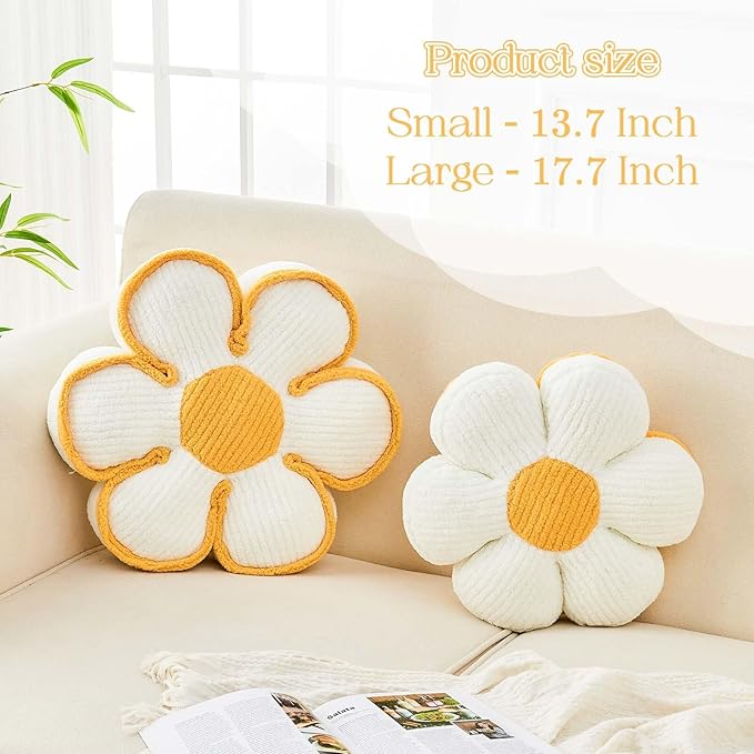 Flower Pillow, Soft Flower Decorative Throw Pillow, Cute Daisy Flower Shaped Seating Floor Cushion Room Décor Plush Pillows for Sofa Couch Bed (13.7 Inch, Yellow)