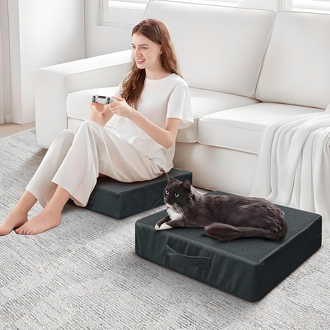 Large Floor Pillows for Adults, Thick Meditation Floor Cushions for Sitting Yoga, 22x22x5 Foam Seat Cushions Set of 2 for Furniture, Floor Pillow with Pleated Velvet Removable Cover, Grey