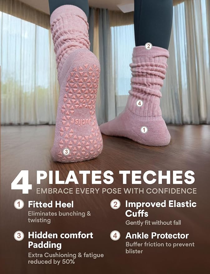 Slouch Pilates Grip Socks Yoga Barre Non Slip Scrunch Merino Wool Gym Workout Breathable Moisture Wicking Anti Odor
