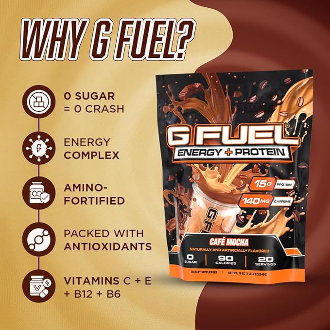 G Fuel Protein + Energy Drink Powder, Pre Workout Caffeine Mix for Gaming, Sugar Free Focus Amino, Vitamin + Antioxidants, 19oz (Cafe Mocha, 20 Servings)