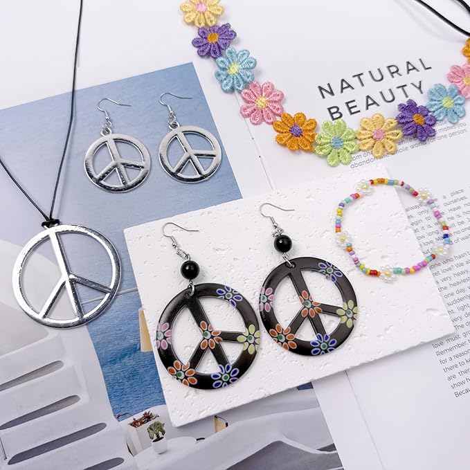 Hippie Costume Accessories for Women Peace Sign Earrings Necklace Flower Headband Sunglasses 60s 70s Accessories