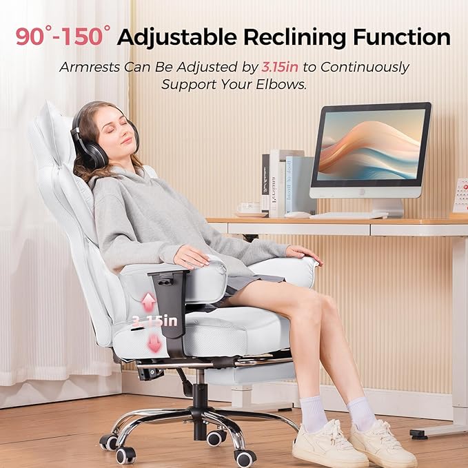 COMHOMA Big and Tall Office Chair 400LBS Wide Ergonomic Gaming Chair with Deluxe Embossing Designed Leather with Foot Rest,150°Reclining Adjustable Armrests Pocket Spring Back Support and Pillow