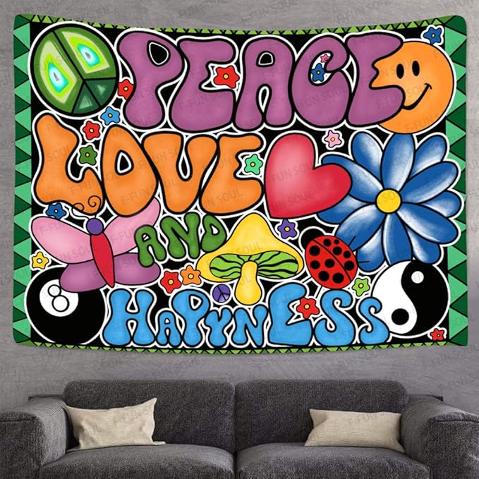 F-FUN SOUL Peace Love and Happiness Groovy 80x60in Soft Flannel Tapestry, 70s Theme Party Wall Hanging for Bedroom Living Room Decor GTZYFS194