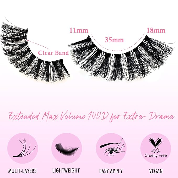 Lashes False Wispy Eyelashes Volume Cat Eye 11-18 mm Long Lash Strips Fake Mink Eyelash Pack Natural Look Fluffy Full Strip Lashes Clear Band Easy Eyelashes for Beginners with Cluster Looking