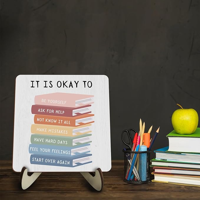Decorative Desk Decor Motivational Okay Affirmations Positive Plaque with Wooden Stand Inspirational Wood Sign for Nursery Playroom Homeschool Classroom Reading Corner Table Shelf Book Lover Gifts