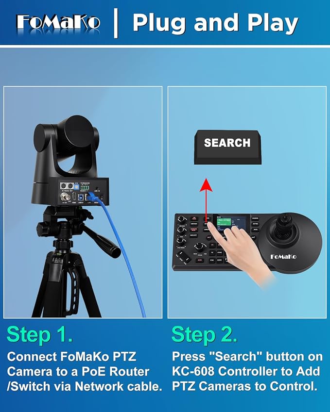 FoMaKo NDI PTZ Camera Bundle AI Auto-Tracking Gen 3 (NDI 6 & NDI HX3 Certified), 20X Optical Zoom PoE HDMI PTZ Camera for Church Worship, PTZ Controller, (NDI PTZ Bundle KN20A +KC608) BN201