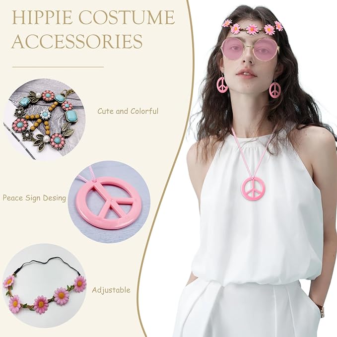 Hippie Costume Accessories for Women Peace Sign Earrings Necklace Flower Headband Sunglasses 60s 70s Accessories