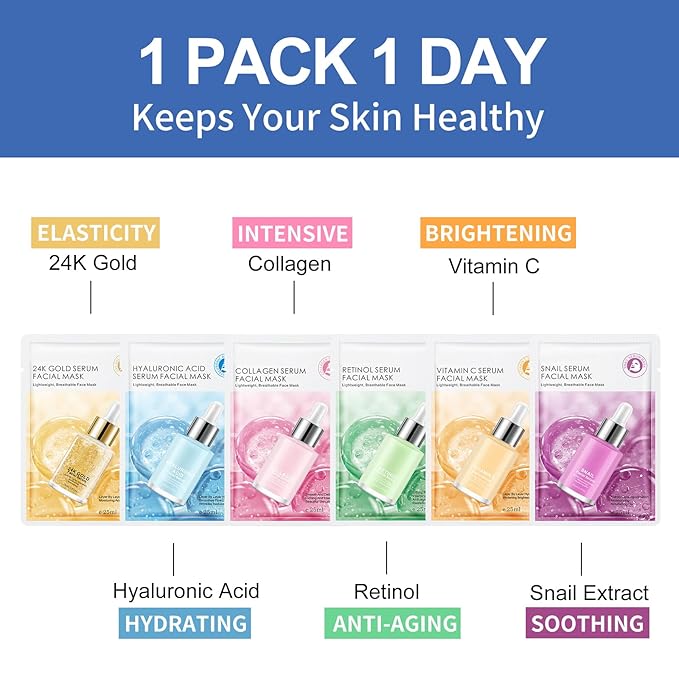 24 Pack Face Masks Skincare for Women, Hydrating & Nourishing Facial Masks for All Skin Types, Gentle Face Masks for Sensitive Skin, Bulk Spa Facial Mask Gift Set