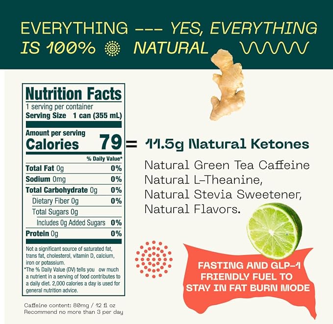 KEY Ketone Energy Drink - Sugar Free, 80mg Low Caffeine, All Natural, 11.5g Ketones, Long Lasting Energy, Green Tea & L-Theanine for Mental Focus, Ginger Lime (Pack of 12)