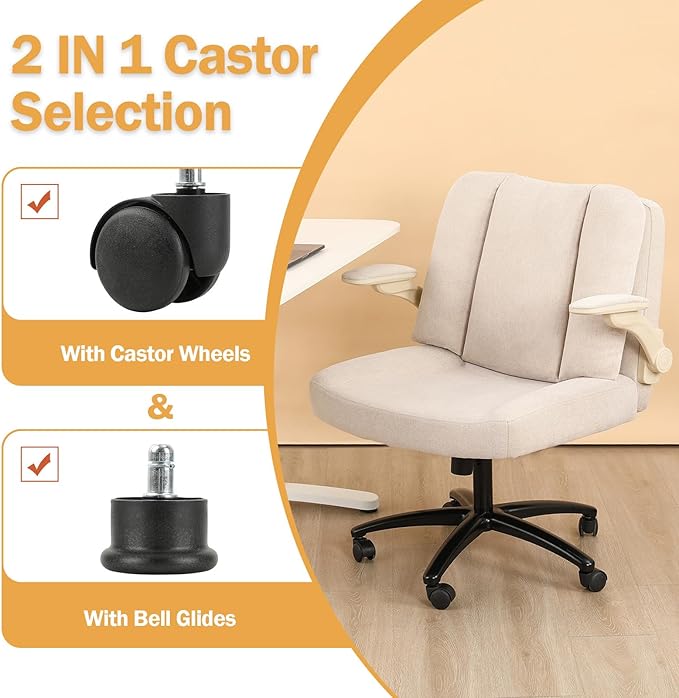 Criss Cross Chair with Arms, Plus Size Cross Legged Desk Chair with Flexible Back Cushion, Adjustable Arm Rest, Extra Wide Seat, 350lbs Fabric Home Office Chair with Castors and Bell Glides, Black