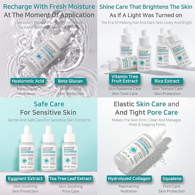 APLB Glutathione Niacinamide Ampoule Serum | LIPO GLUTA NIAC CEN™ 31.3% 1.35 FL.OZ/Korean Skincare, Long lasting moisturizing, Improve skin elasticity, Revitalize for gentle and improve skin texture