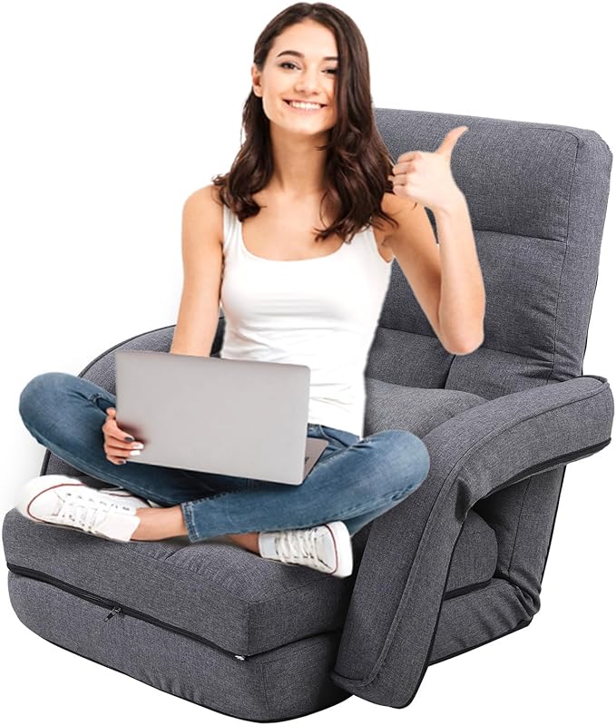 FLOGUOR 14-Position Adjustable Floor Chair, Chaise Lounge Indoor, Folding Lazy Sofa with Armrests and a Pillow Padded Adults Gaming Chairs for Living Room, Bedroom Factory Price,8803 (Grey)