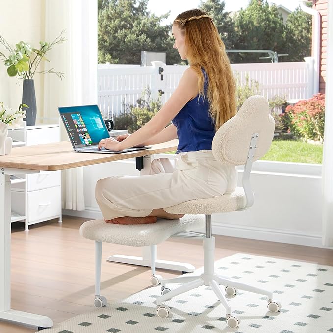 Cross Legged Office Chair with Wheels, Meditation Chair, ADHD Chair for Adults, Wider Height Adjustable Backrest and Seat, Yoga Office Chair, Teddy Fabric, Off White