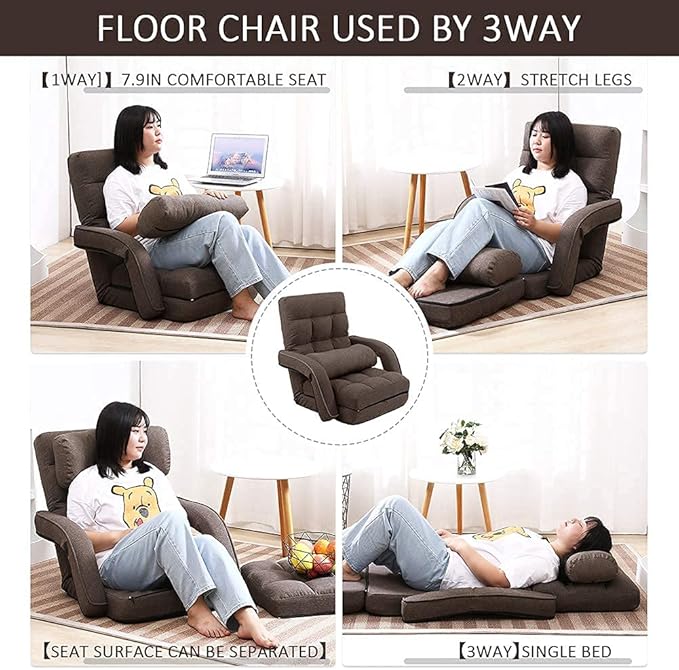 FLOGUOR 14-Position Adjustable Floor Chair, Chaise Lounge Indoor, Folding Lazy Sofa with Armrests and a Pillow Padded Adults Gaming Chairs for Living Room, Bedroom Factory Price (Brown) 8803CO