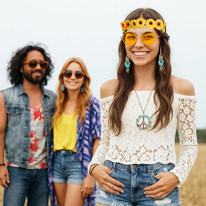 Hicarer Hippie Costume Accessories Include Sunglasses, Peace Sign Necklace, Boho Headband and Earring for 60s 70s Party