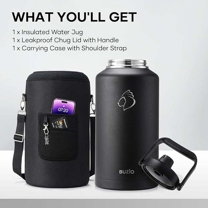 BUZIO 2 Gallon Water Bottle Insulated, (Cold for 48 Hrs) 256oz Extra Large Water Jug Stainless Steel, 4.4in Big Wide Mouth Leak Proof Metal Flask with Handle for Camping,Outdoor Work,Travel, Black