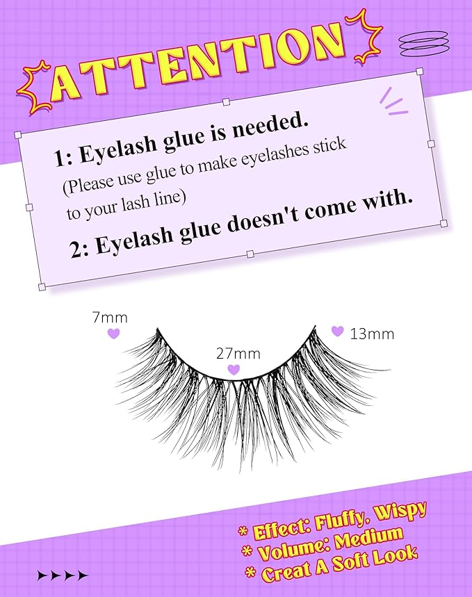 Onlyall Natural Lashes Wispy Lashes Natural Look False Eyelashes Natural Flared Eyelashes False Eye Lashes Soft Fluffy Lashes 7 Pairs D12 Flirty-13mm