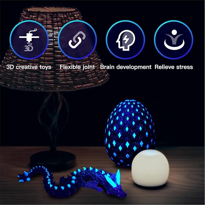 3D Printed Dragon Egg with Dragon Inside,Glowing at Night Dragon Egg Animal Figurines,3D Printed Animals Fidget Toys,Mysterious Gifts Teen Carnival Prizes,Desk Decor,Bookshelf Decor