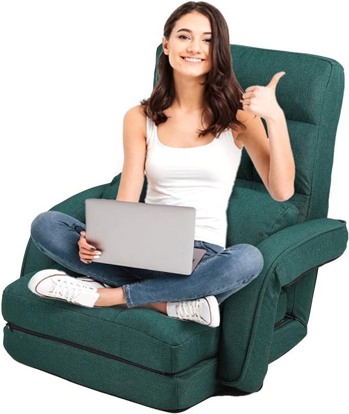 FLOGUOR 14-Position Adjustable Floor Chair, Chaise Lounge Indoor, Folding Lazy Sofa with Armrests and a Pillow Padded Adults Gaming Chairs for Living Room, Bedroom Factory Price, 8803XM (Green)