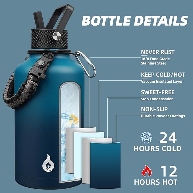 BJPKPK Half Gallon Insulated Water Bottles with 3 Lids and Paracord Handle, 50oz, 64oz, 87oz, 128oz Large, Stainless Steel Water Bottles with Straw Lid, Half Gallon Water Jug,Vast