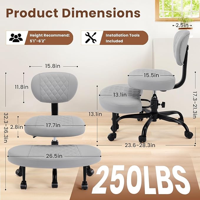 Cross Legged Office Chair with Wheels, Wide Criss Cross Kneeling Home Office Desk Chairs with Back Support, Ergonomic Adjustable Height ADHD Stool with Rotating Footrest for Yoga Meditation