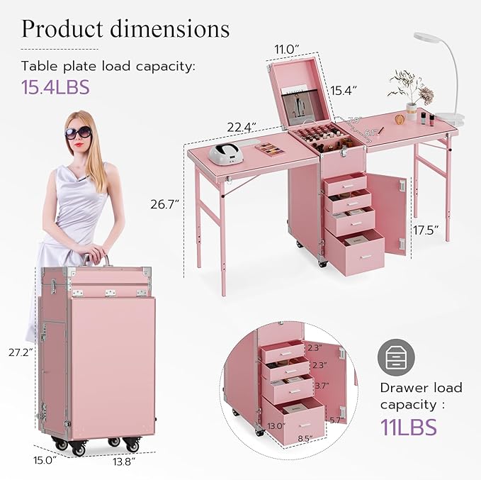 Icoget Portable Nail Table Desk, Foldable Rolling Manicure Table with Wheel, Makeup Train Case for Nail Teach, 2 Desktop Cosmetic Trolley Case, Pink