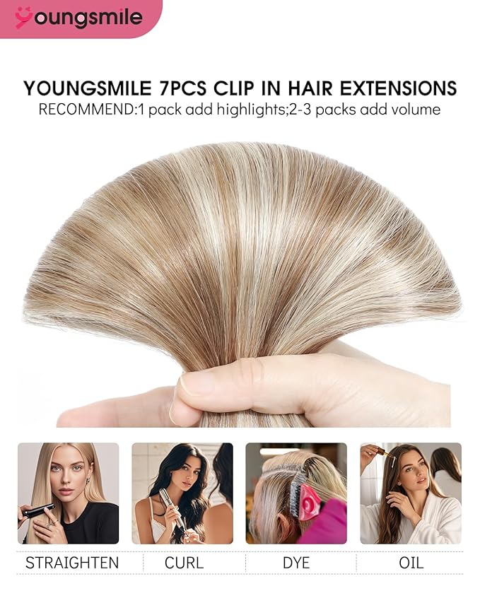 Youngsmile Piano Clip in Hair Extensions Human Hair Color 8 Ash Brown mixed 60 Blond Human Hair Clip in Extensions, 14Inch 140 Gram 7 Pcs/Set Silk Straight (7C#8P60-14Inch)