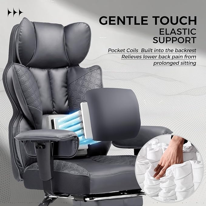 COMHOMA Big and Tall Office Chair 400LBS Wide Ergonomic Gaming Chair with Deluxe Embossing Designed Leather with Foot Rest,150°Reclining Adjustable Armrests Pocket Spring Back Support and Pillow