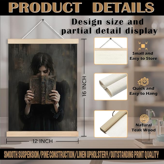 Gothic Victorian Woman Book Canvas Wall Art Poster, Reading Nook Corner Decor, Moody Dark Academia Bookish Wall Decor Prints for Library Reading Room Classroom Home, 12x16 Inches