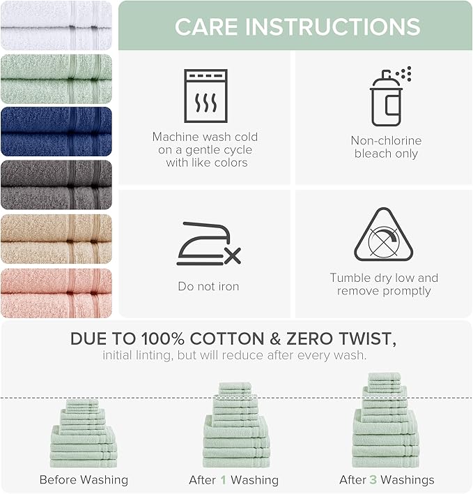 Comfort Spaces Luxury Bath Towel Set of 12 - 4 Large, 4 Hand, 4 Washcloths, 100% Cotton Quick Dry, Zero Twist, Soft Lightweight, Seafoam Green