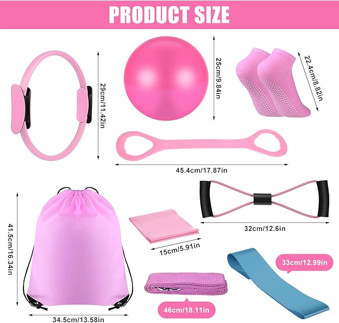 21 Pcs Pilates Ring Circle Set Home Pilates Equipment Kit for Women Pilates Equipment Home Workout Equipment Set Includes 9.8 In Ball Yoga Ring Stretching Strap 8 Resistance Bands Non Slip Socks, Pink