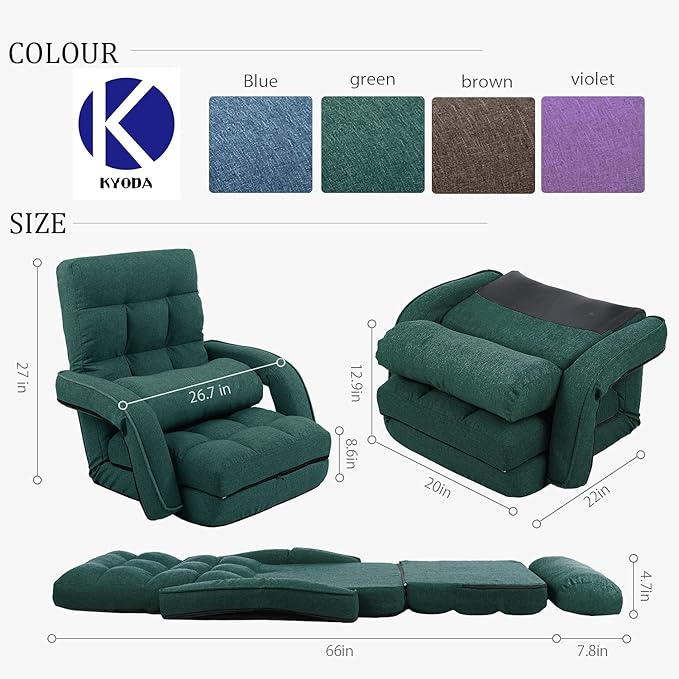 FLOGUOR 14-Position Adjustable Floor Chair, Chaise Lounge Indoor, Folding Lazy Sofa with Armrests and a Pillow Padded Adults Gaming Chairs for Living Room, Bedroom Factory Price (Green) 8803GN