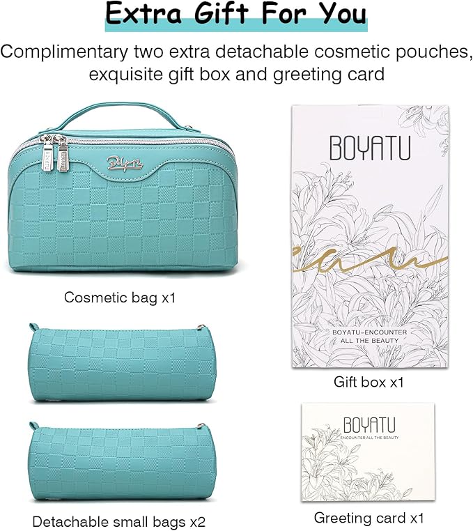 BOYATU Travel Makeup Bag Organizer Cosmetic Bag: 3 Pcs Set Make up Bags for Women with Handle - Waterproof Vegan Leather Toiletry Bags Travel Essentials Pouch with Compartments (C-02-Blue)
