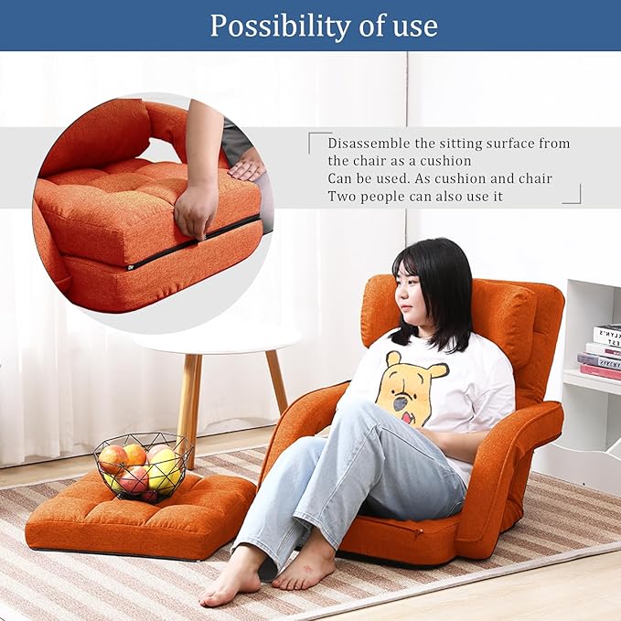FLOGUOR 14-Position Adjustable Floor Chair, Chaise Lounge Indoor, Folding Lazy Sofa with Armrests and a Pillow Padded Adults Gaming Chairs for Living Room, Bedroom Factory Price,8803 (Orange)